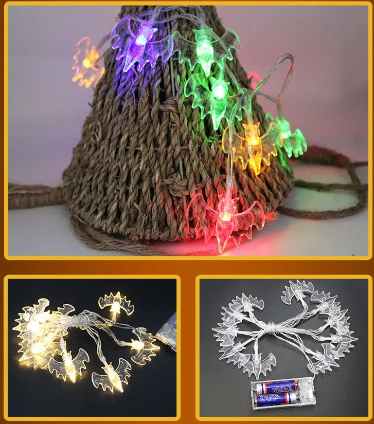 Halloween LED string lights with bat, pumpkin, ghost and spider pendants on a 1.2 metre battery-powered string