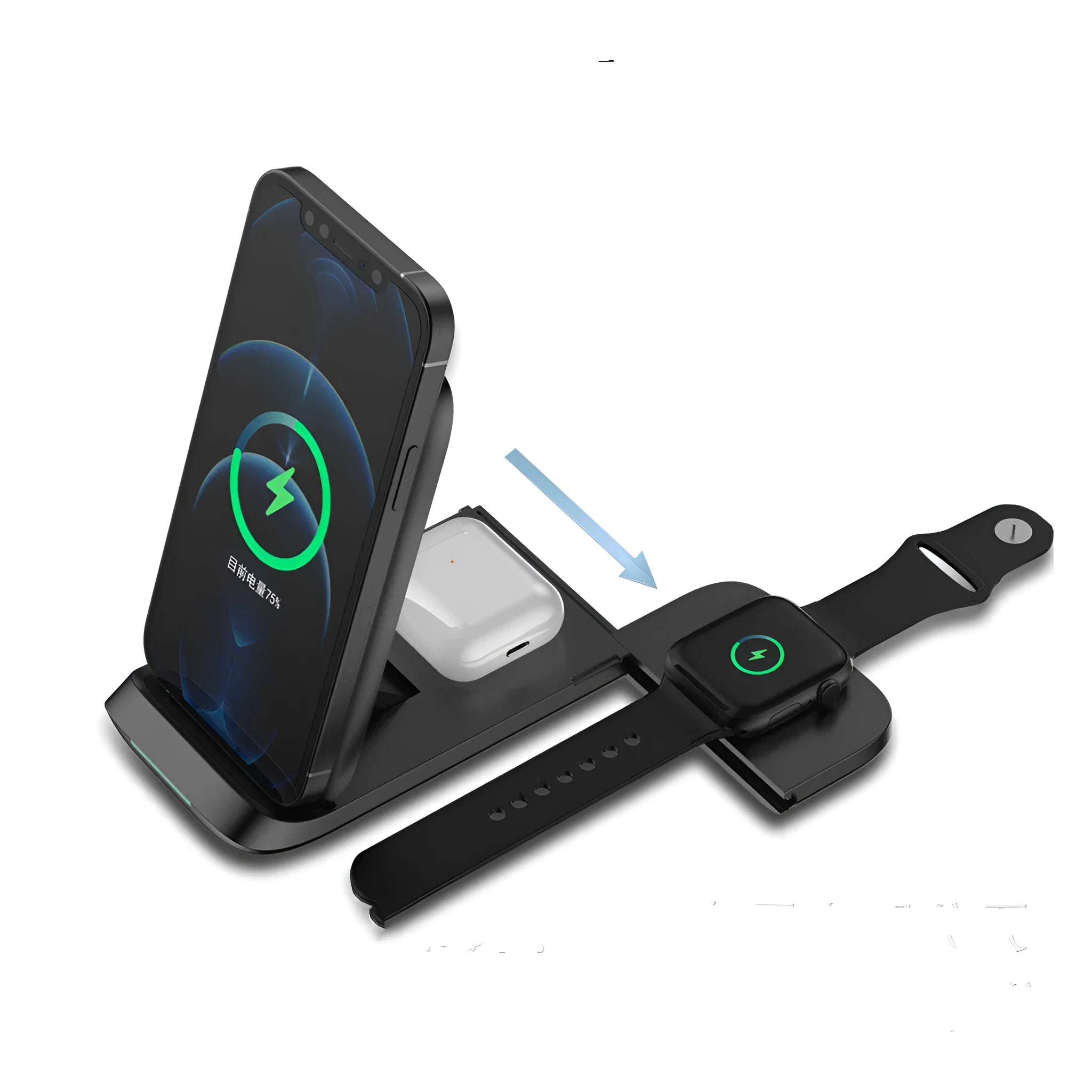 Black and white foldable three-in-one wireless charger for phone, smartwatch, and earbuds.