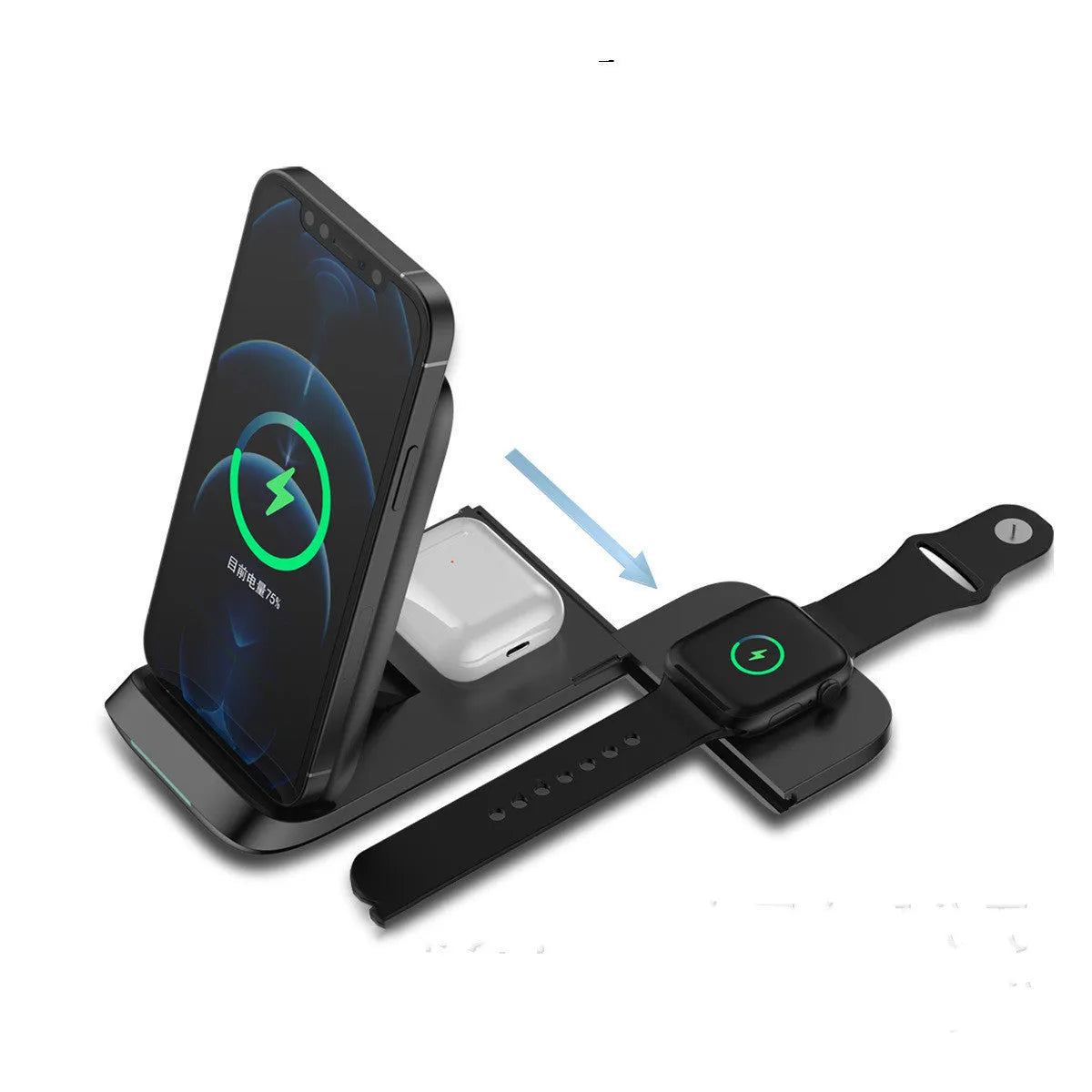 Black and white foldable three-in-one wireless charger for phone, smartwatch, and earbuds.