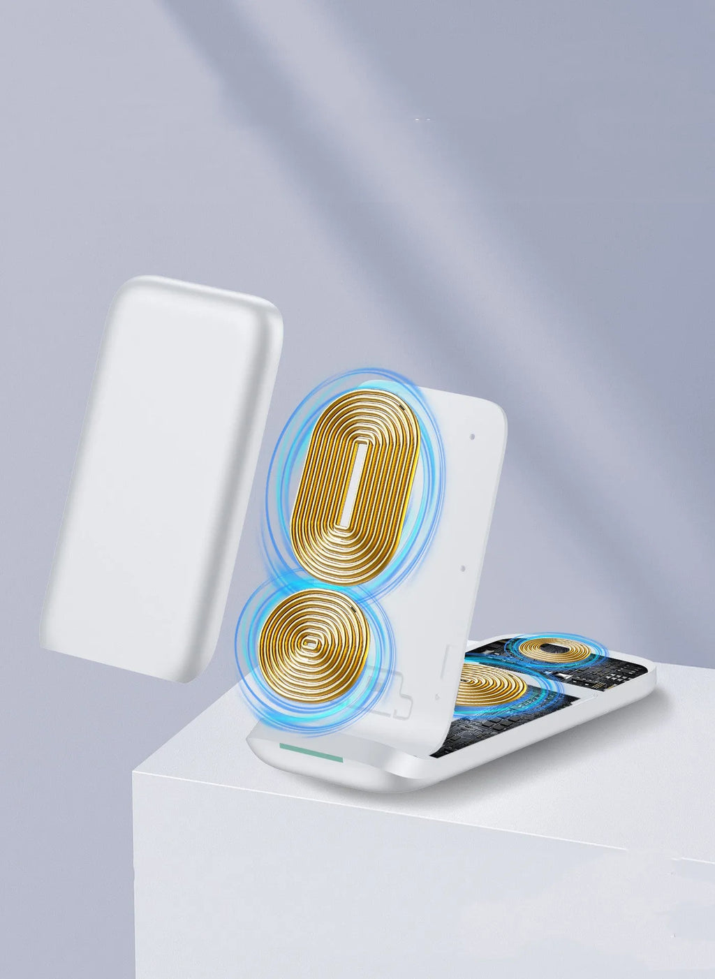 Black and white foldable three-in-one wireless charger for phone, smartwatch, and earbuds.