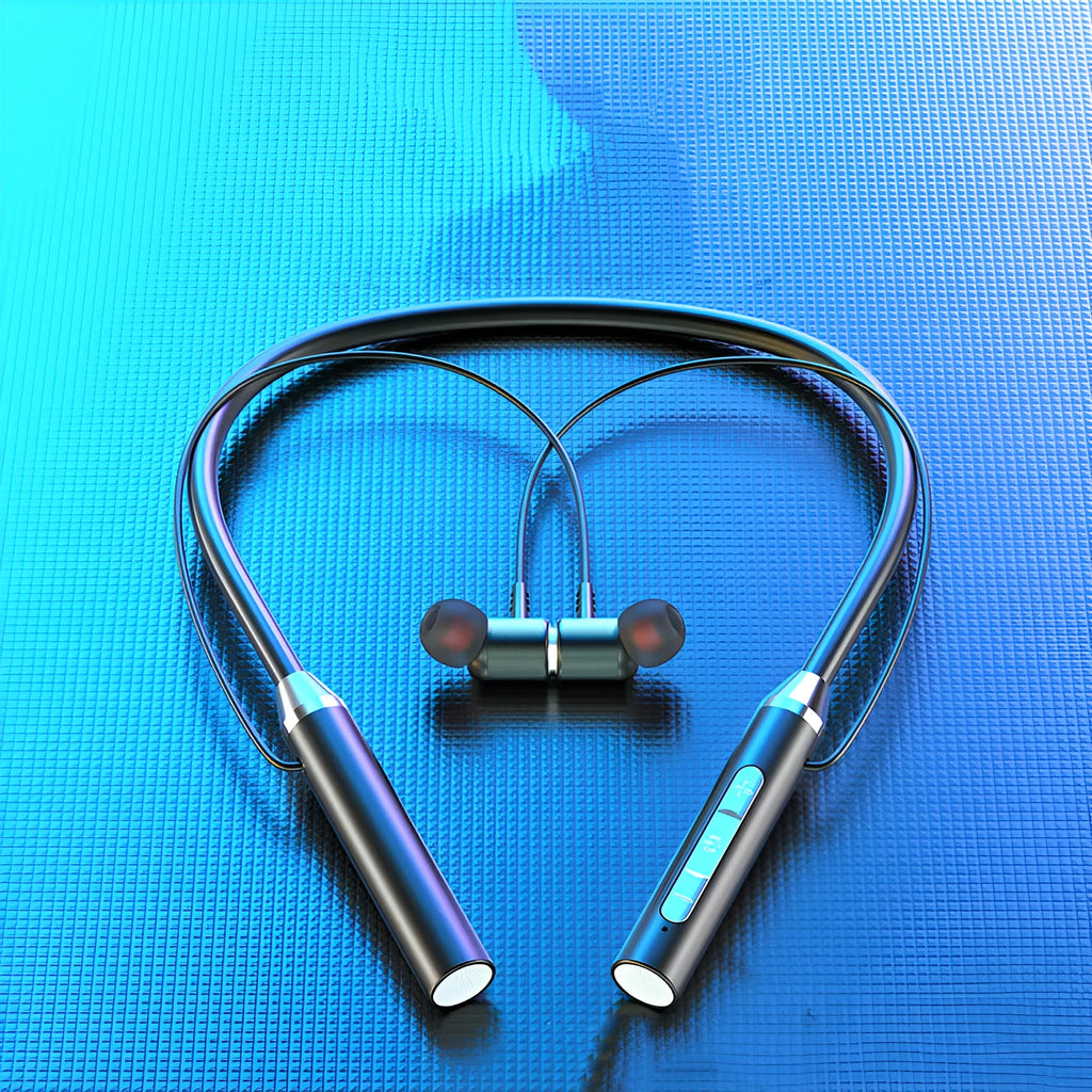 Wireless Bluetooth headset hanging neck design stereo black model on display