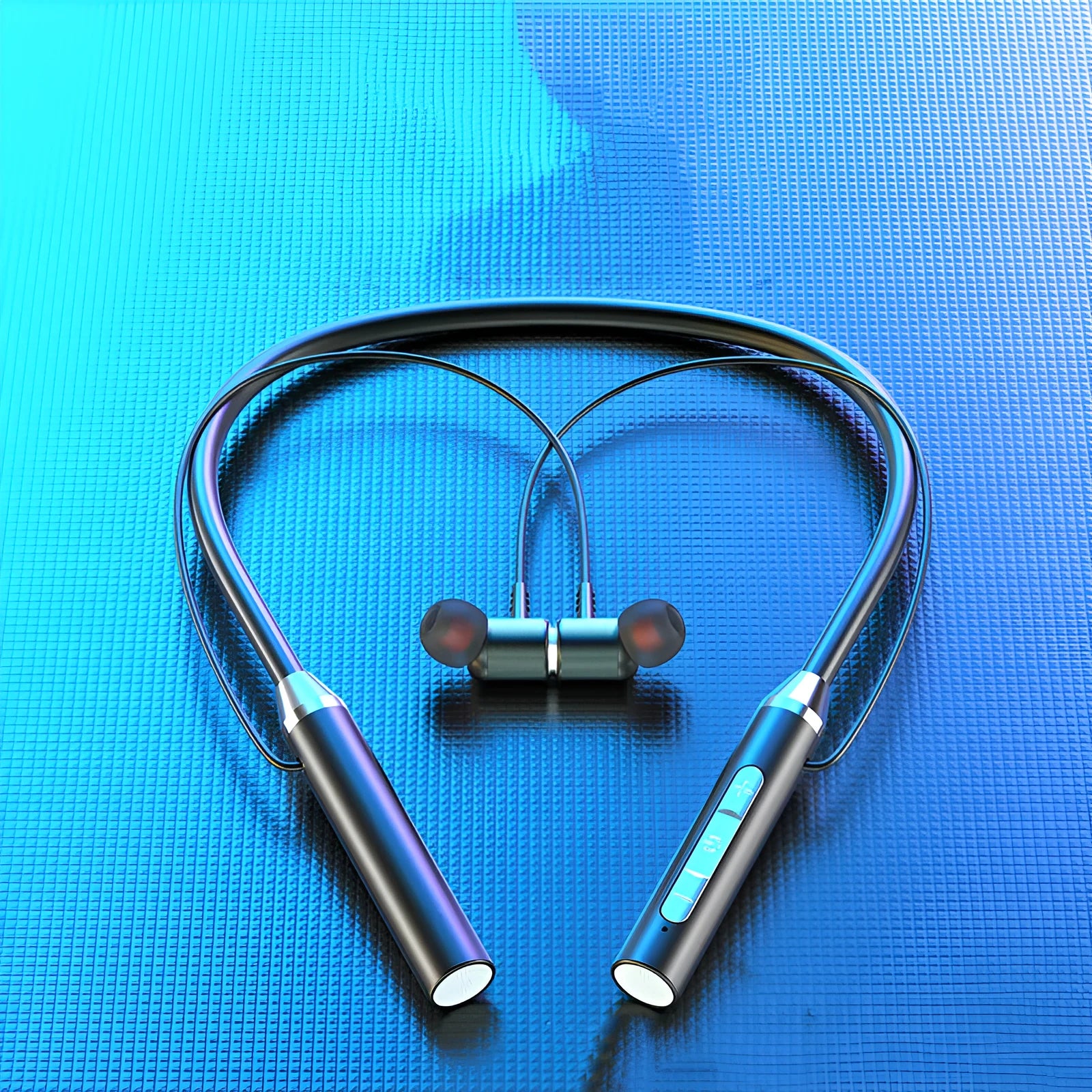 Wireless Bluetooth headset hanging neck design stereo black model on display