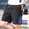 Men's three-bar sports shorts in blue geometric pattern cotton stretch fitness pants
