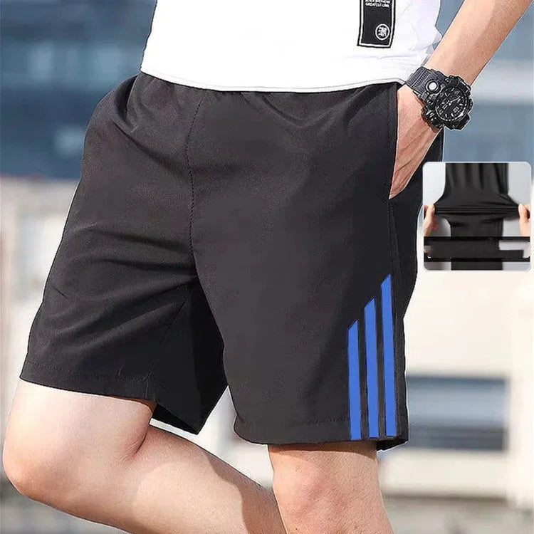 Men's three-bar sports shorts in blue geometric pattern cotton stretch fitness pants