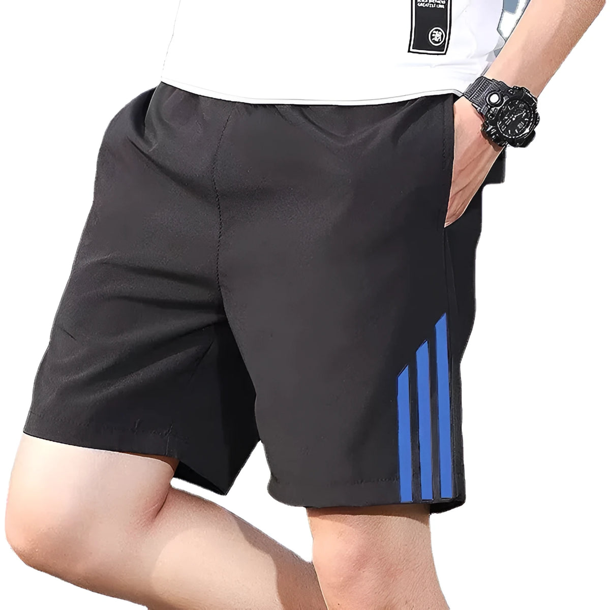 Men's three-bar sports shorts in blue geometric pattern cotton stretch fitness pants