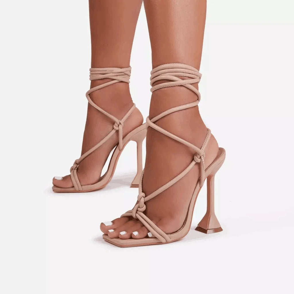 Women's high heel strappy sandals with square toe, cross straps and stiletto heel above 8cm in black, beige or rose red