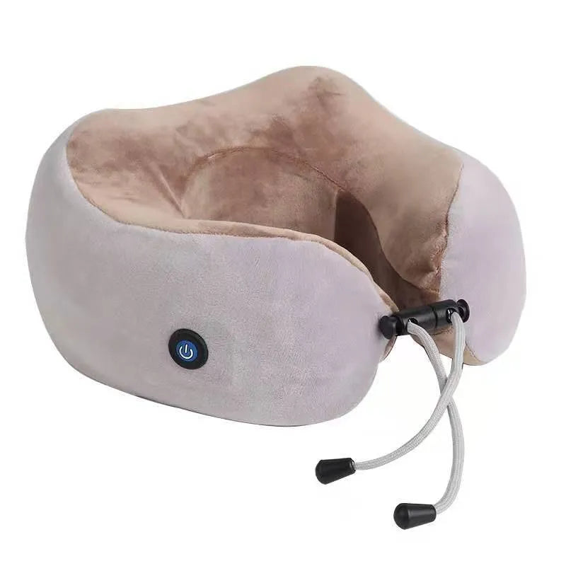 Brown U shaped electric neck massager with massage heads showing kneading and heating functions