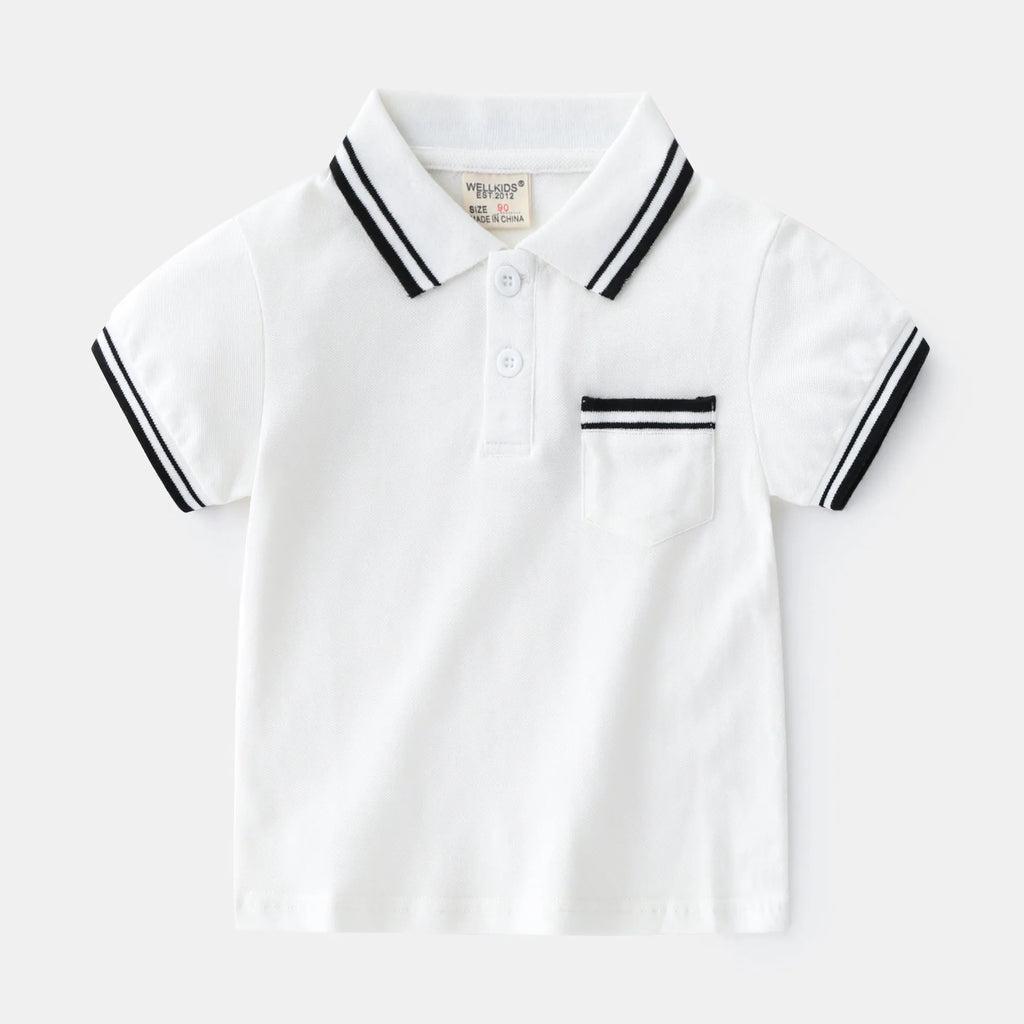 Boys' white cotton polo shirt with short sleeves and round neck for summer wear