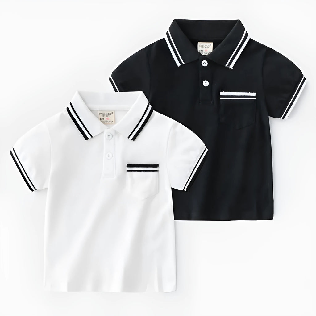 Boys' white cotton polo shirt with short sleeves and round neck for summer wear