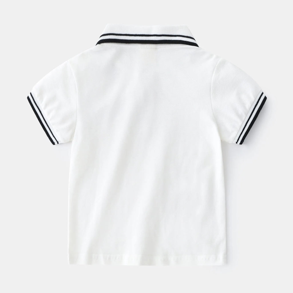 Boys' white cotton polo shirt with short sleeves and round neck for summer wear