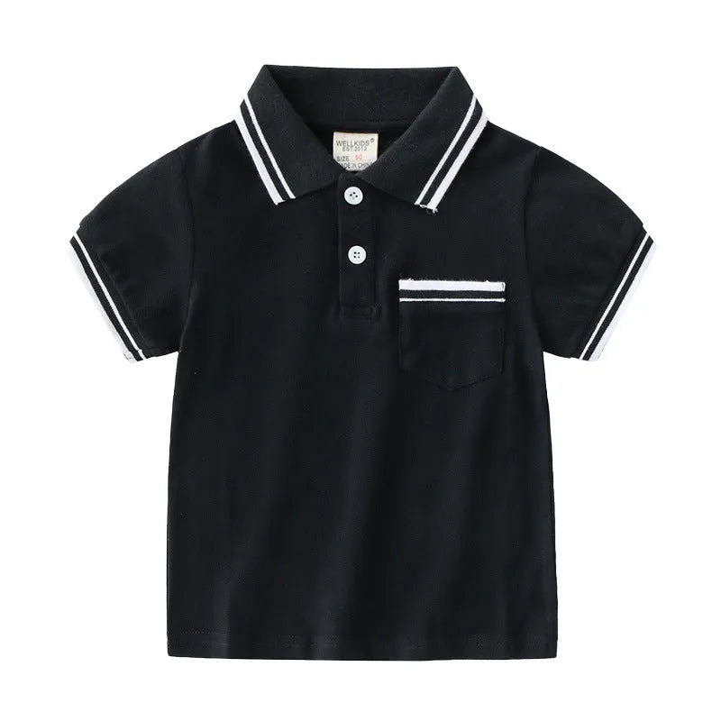 Boys' white cotton polo shirt with short sleeves and round neck for summer wear