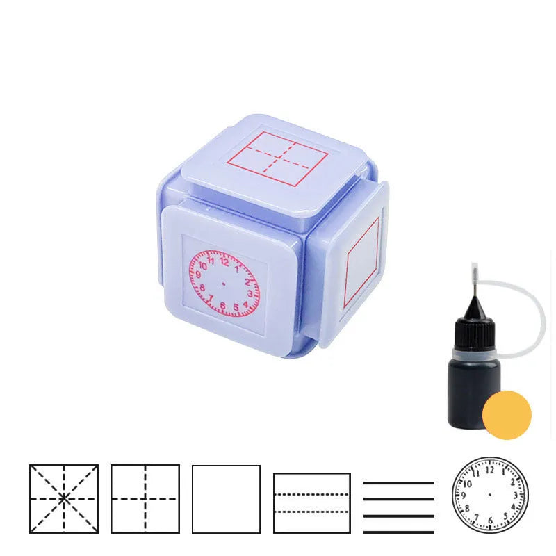 Six-sided Tianzi grid seal stamp with pink or blue casing and red or black ink for handwriting practice