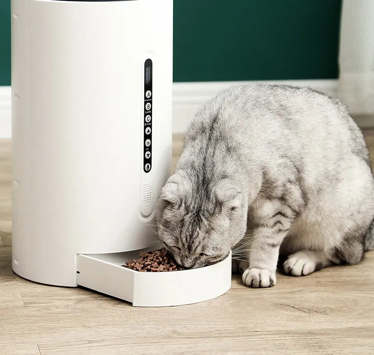 White ABS smart pet feeder with 4.6L granary and timing function, 38.3x22.3x22.3cm