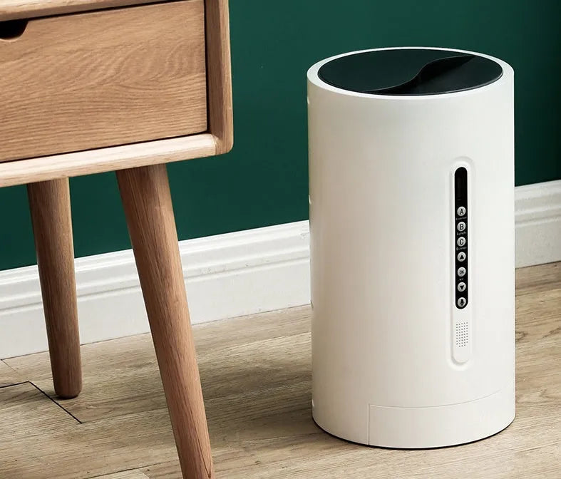 White ABS smart pet feeder with 4.6L granary and timing function, 38.3x22.3x22.3cm