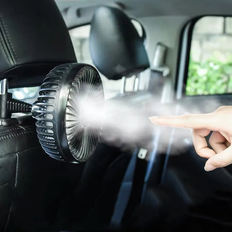 Mini car fan with black ABS plastic housing and USB cable in suction cup mounting style