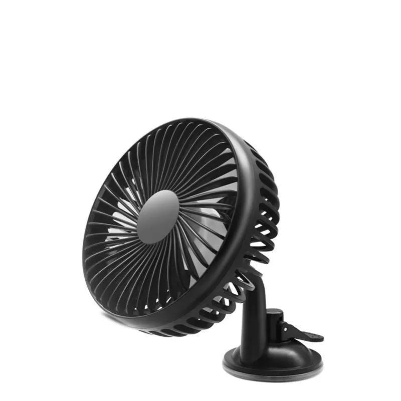 Mini car fan with black ABS plastic housing and USB cable in suction cup mounting style