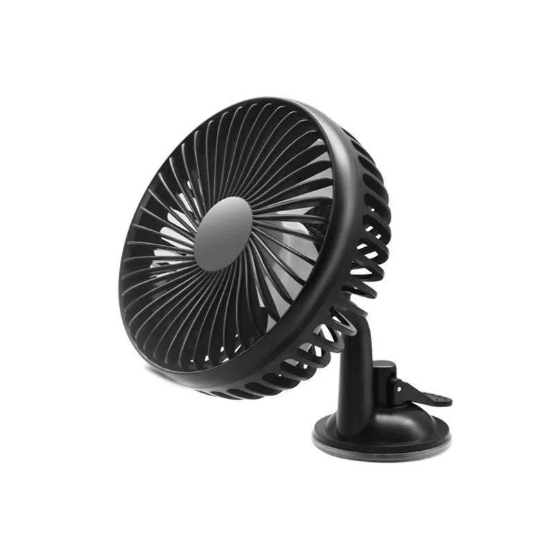 Mini car fan with black ABS plastic housing and USB cable in suction cup mounting style