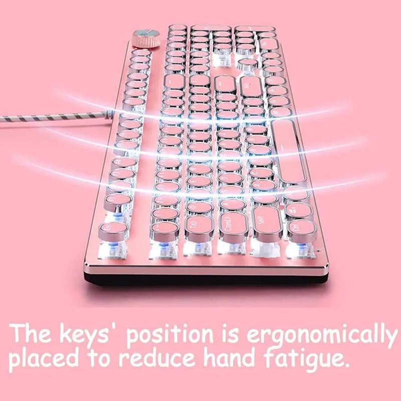 Wired mechanical keyboard with green switches round keys silver base pink colour USB connection