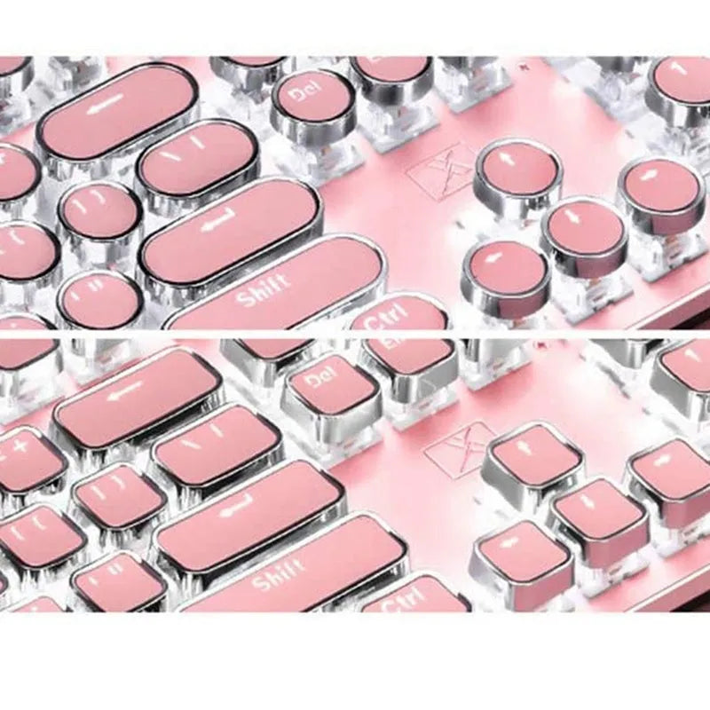 Wired mechanical keyboard with green switches round keys silver base pink colour USB connection