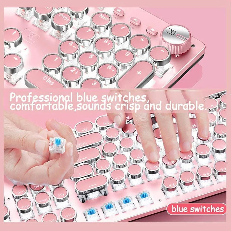 Wired mechanical keyboard with green switches round keys silver base pink colour USB connection
