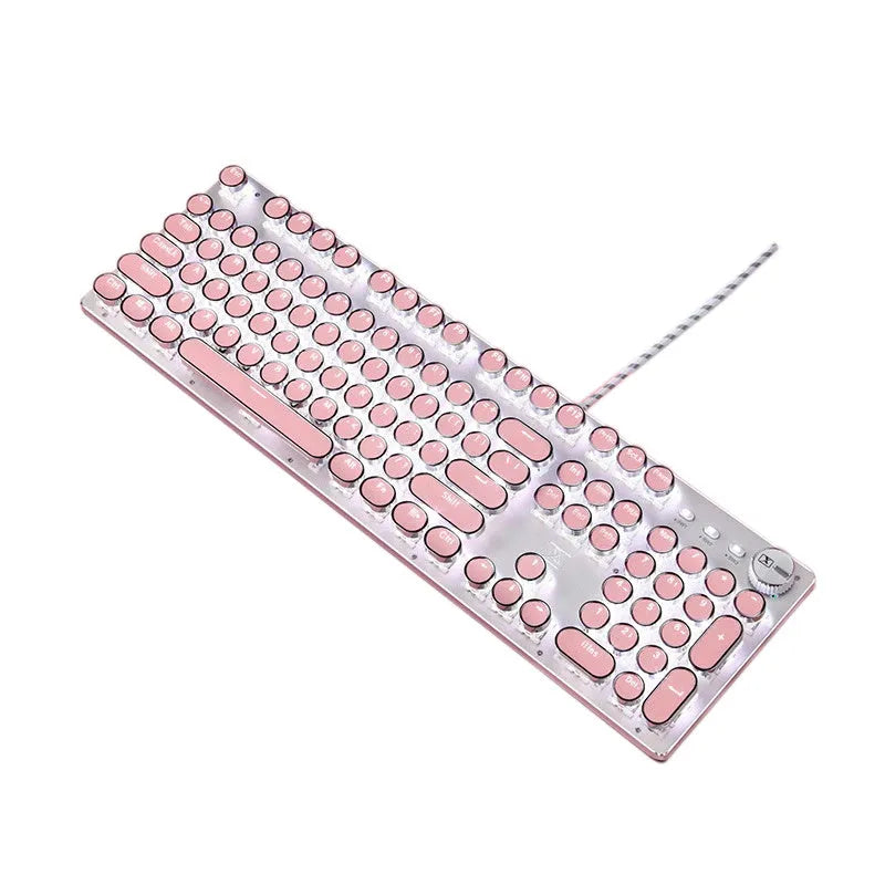 Wired mechanical keyboard with green switches round keys silver base pink colour USB connection
