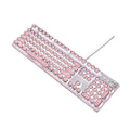 Wired mechanical keyboard with green switches round keys silver base pink colour USB connection