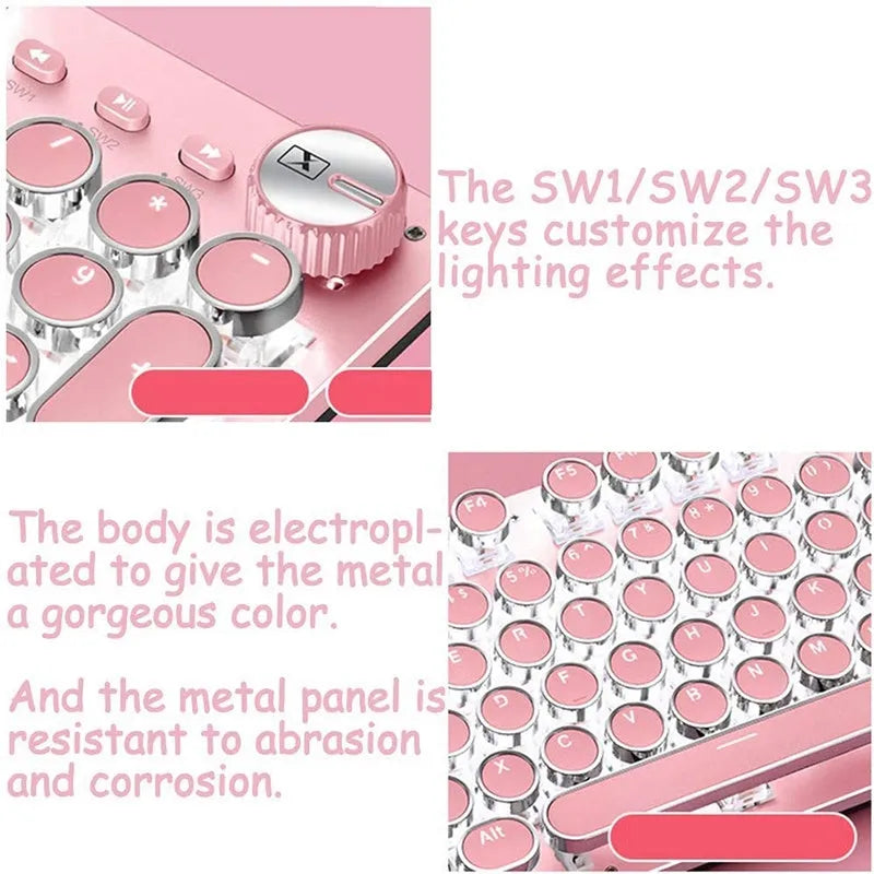 Wired mechanical keyboard with green switches round keys silver base pink colour USB connection