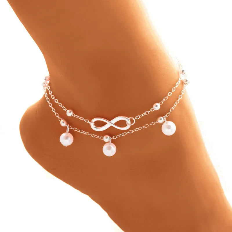 Women's alloy anklet with 8-shaped double-layer pearls in gold or silver electroplated finish