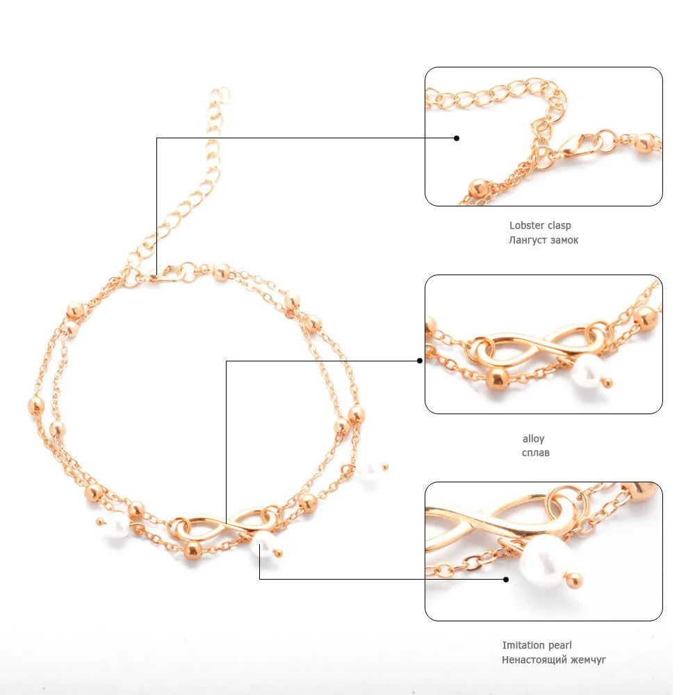 Women's alloy anklet with 8-shaped double-layer pearls in gold or silver electroplated finish