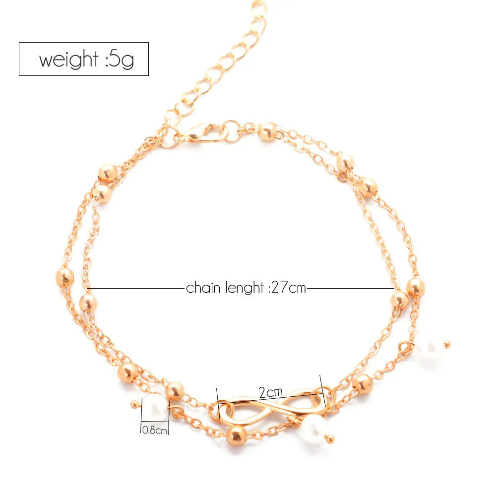 Women's alloy anklet with 8-shaped double-layer pearls in gold or silver electroplated finish