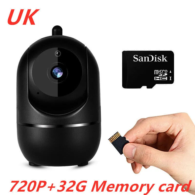Compact black WiFi security camera with stand, 1080P HD indoor monitoring, night vision and motion detection