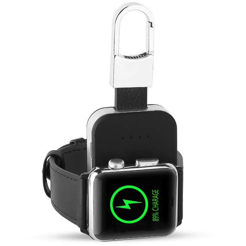 Black portable Apple Watch wireless charging power bank on a keyring