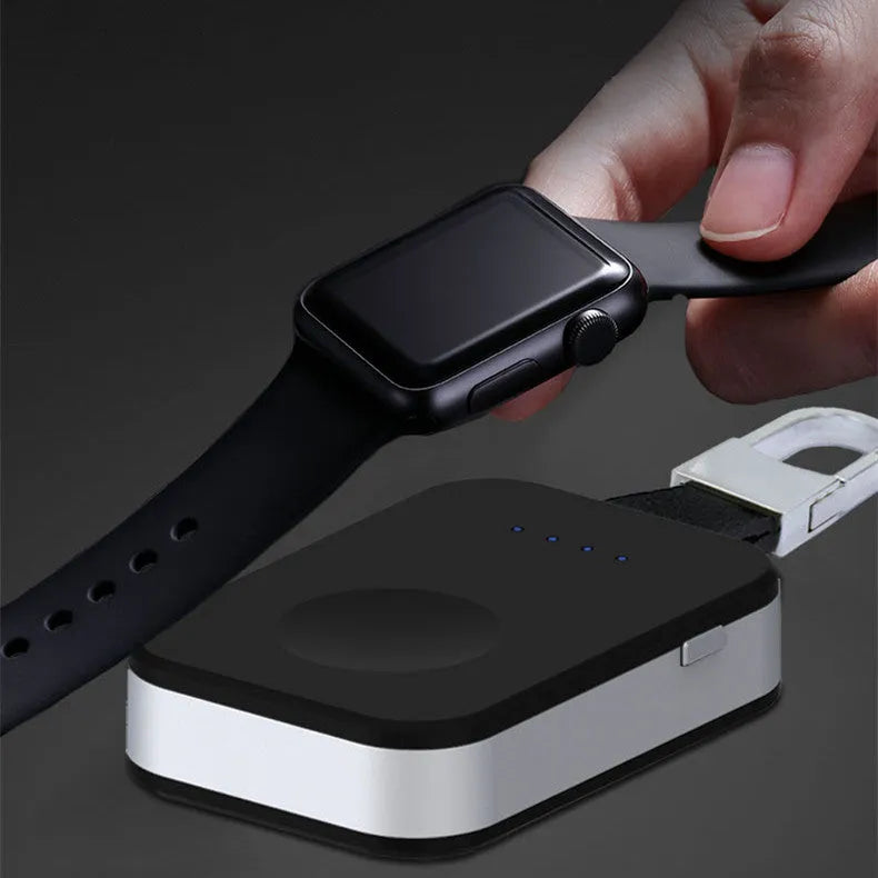 Black portable Apple Watch wireless charging power bank on a keyring