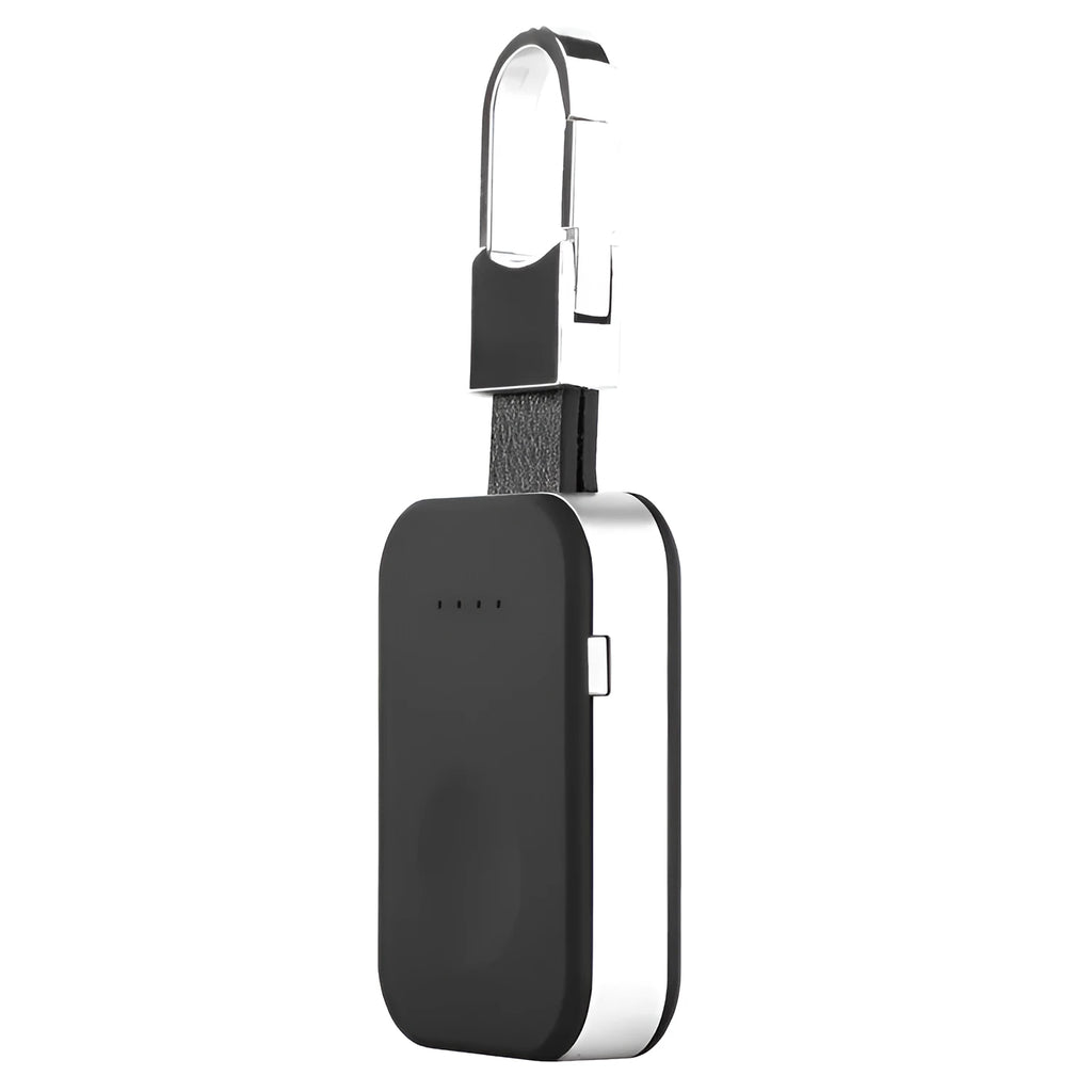 Black portable Apple Watch wireless charging power bank on a keyring