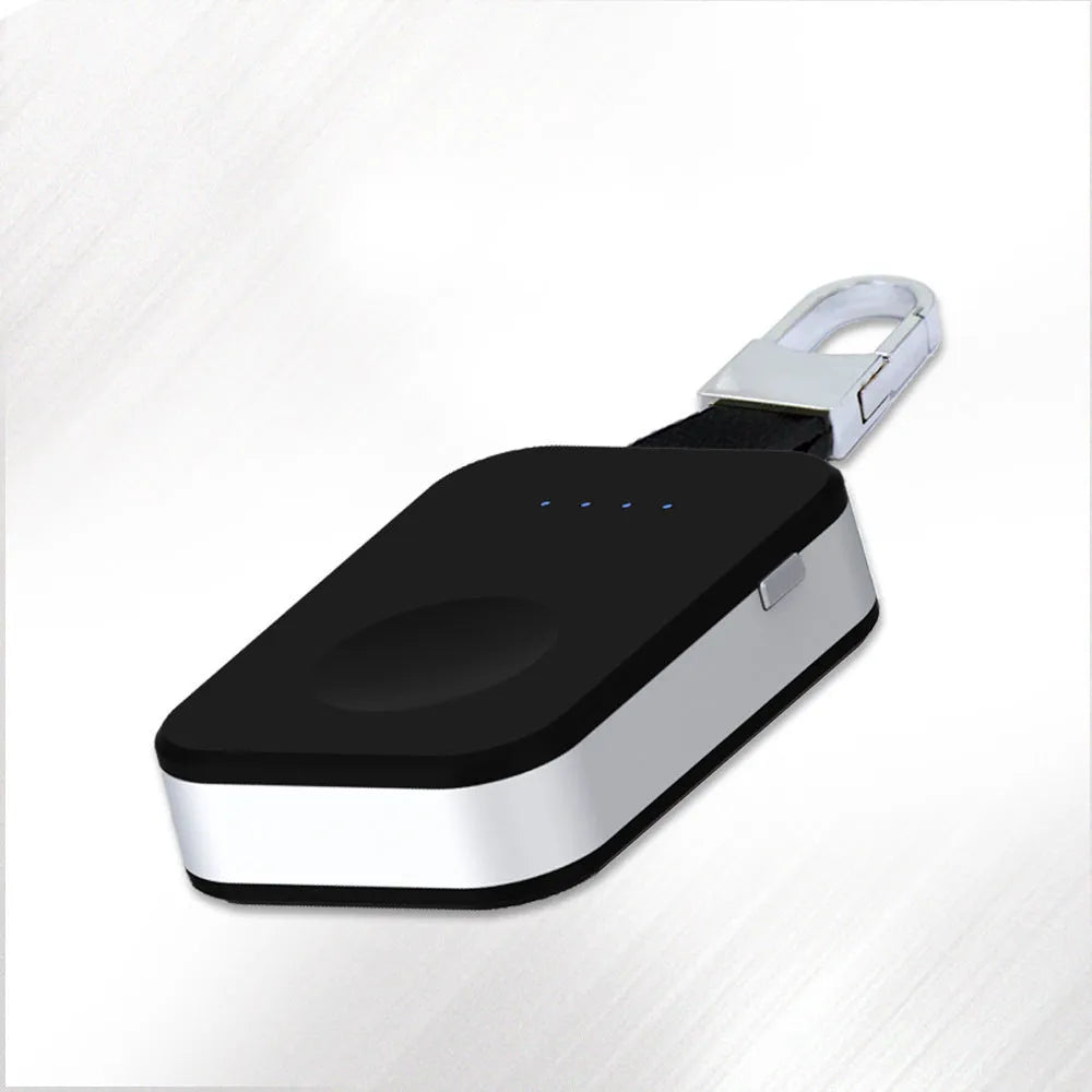 Black portable Apple Watch wireless charging power bank on a keyring
