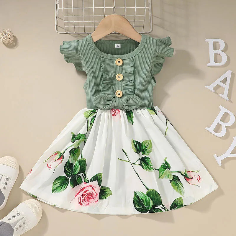 Sleeveless summer dress for a toddler girl shown in one of six available colours.