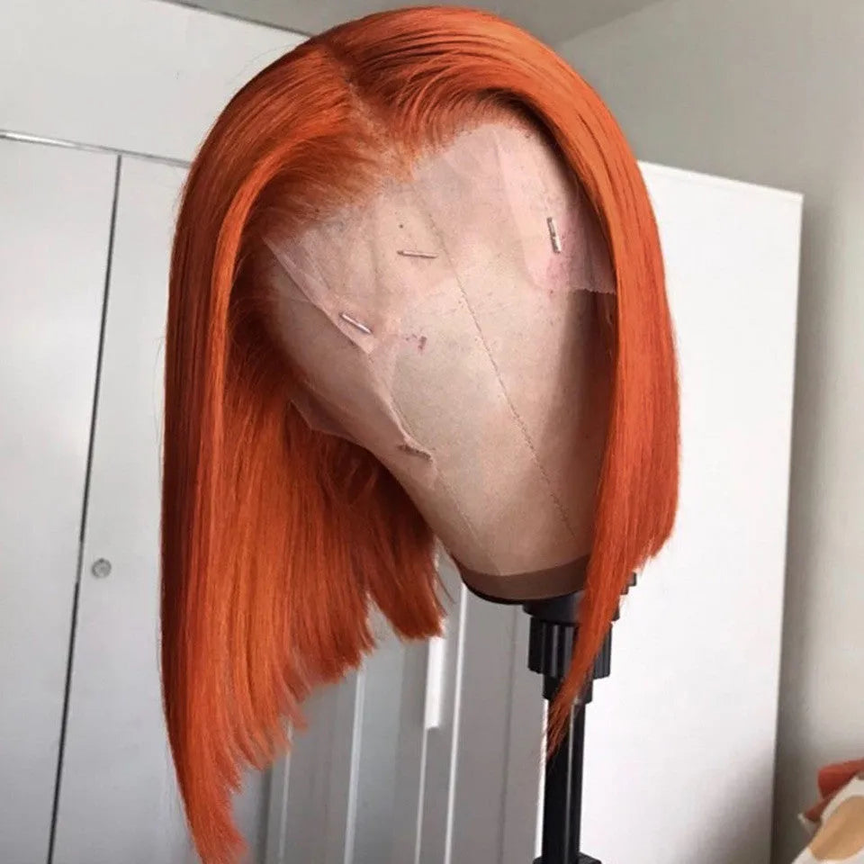 Short bob wig with lace front in gradient orange colour, real human hair, length 10 inches, 150 density