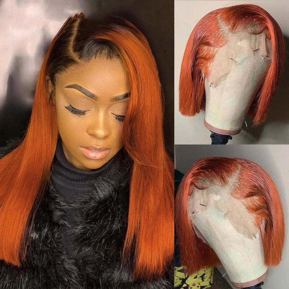 Short bob wig with lace front in gradient orange colour, real human hair, length 10 inches, 150 density