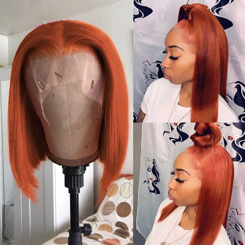 Short bob wig with lace front in gradient orange colour, real human hair, length 10 inches, 150 density