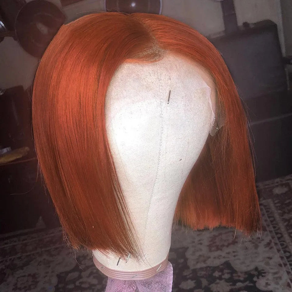 Short bob wig with lace front in gradient orange colour, real human hair, length 10 inches, 150 density