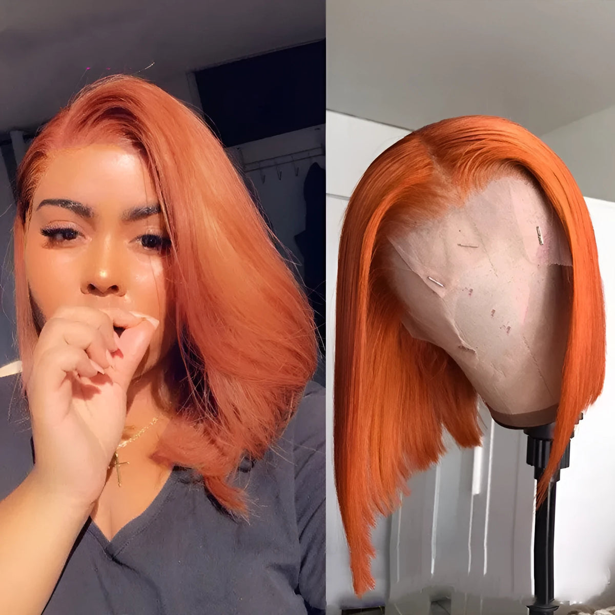 Short bob wig with lace front in gradient orange colour, real human hair, length 10 inches, 150 density