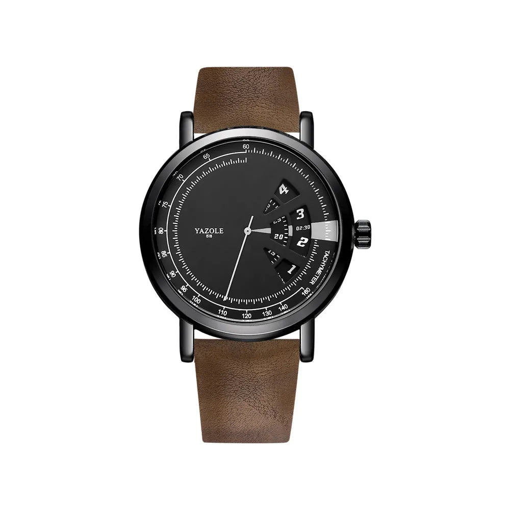 A men's casual watch with a turntable dial on a strap with a metal pin buckle.