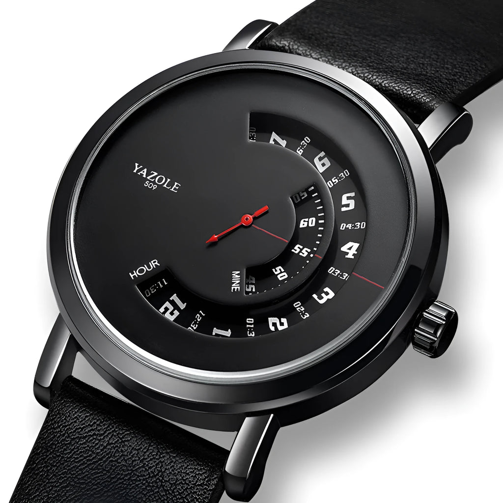 A men's casual watch with a turntable dial on a strap with a metal pin buckle.