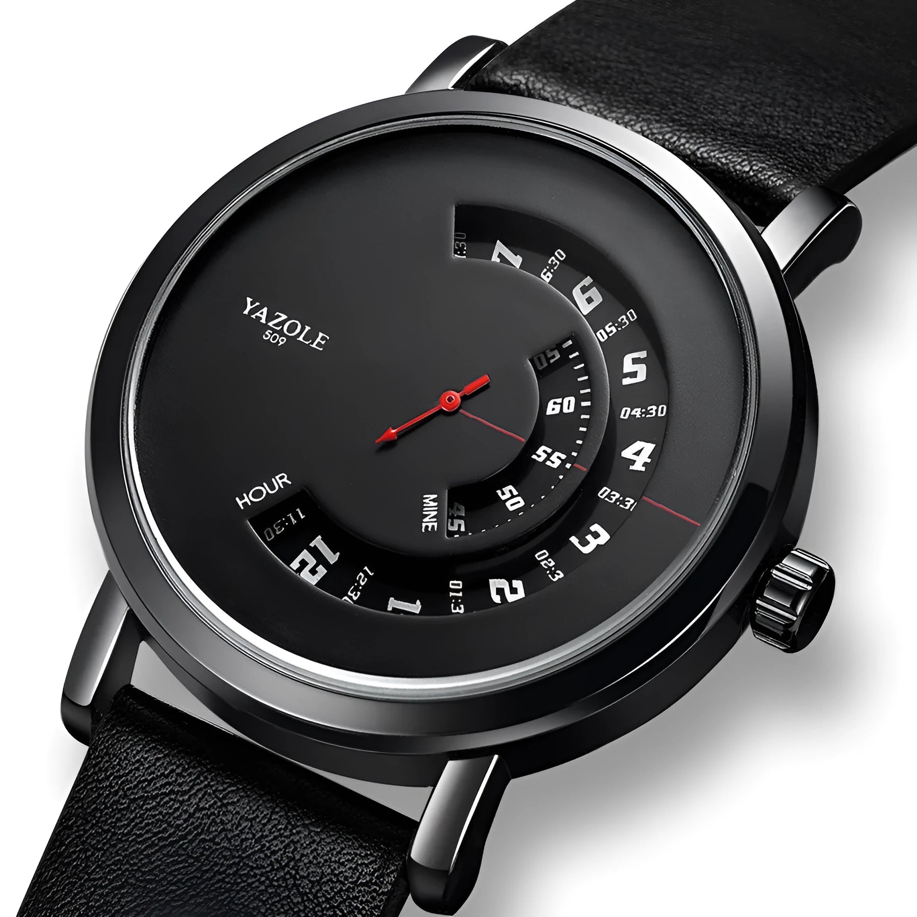A men's casual watch with a turntable dial on a strap with a metal pin buckle.