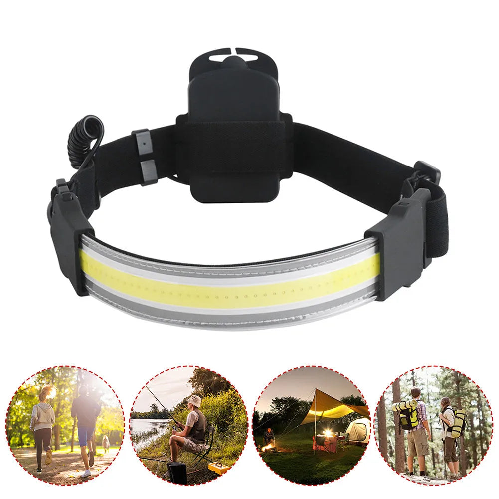 Cob LED headlamp with 1800mAh rechargeable battery, 5W COB bulb, and adjustable headband in black