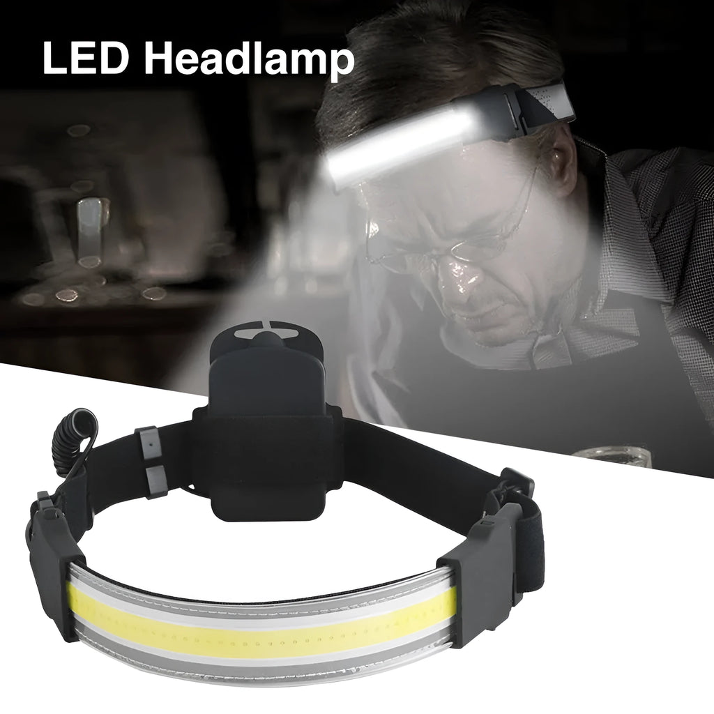 Cob LED headlamp with 1800mAh rechargeable battery, 5W COB bulb, and adjustable headband in black
