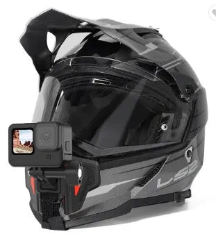 Black universal motorcycle helmet chin strap mount for GoPro and sports cameras with stainless steel buckle.
