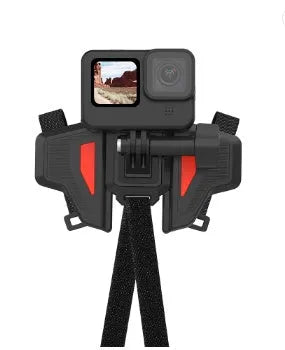 Black universal motorcycle helmet chin strap mount for GoPro and sports cameras with stainless steel buckle.