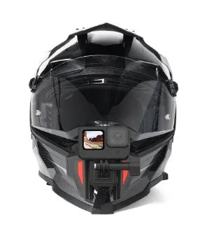 Black universal motorcycle helmet chin strap mount for GoPro and sports cameras with stainless steel buckle.