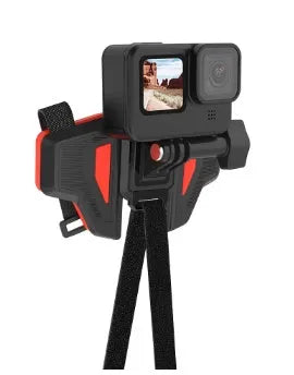 Black universal motorcycle helmet chin strap mount for GoPro and sports cameras with stainless steel buckle.